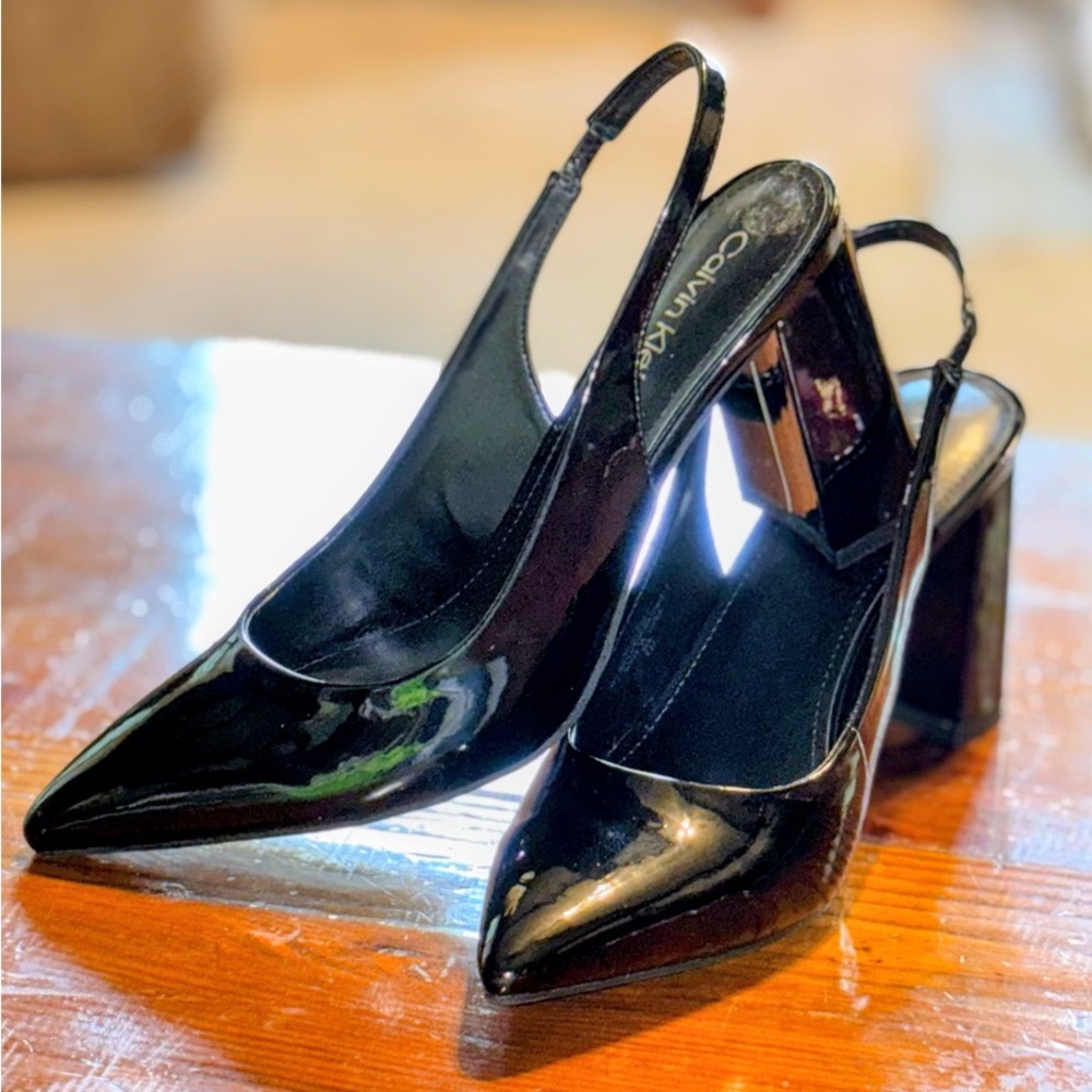 Calvin Klein Glossy Black Slingback Heels